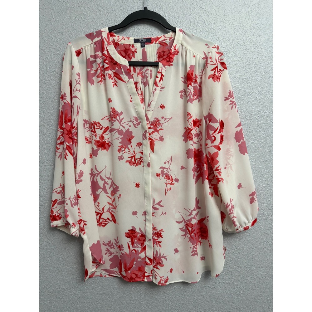 NYDJ Womens Floral Print Blouse Red Pink Split V-Neck Pintuck Top Medium FLAW